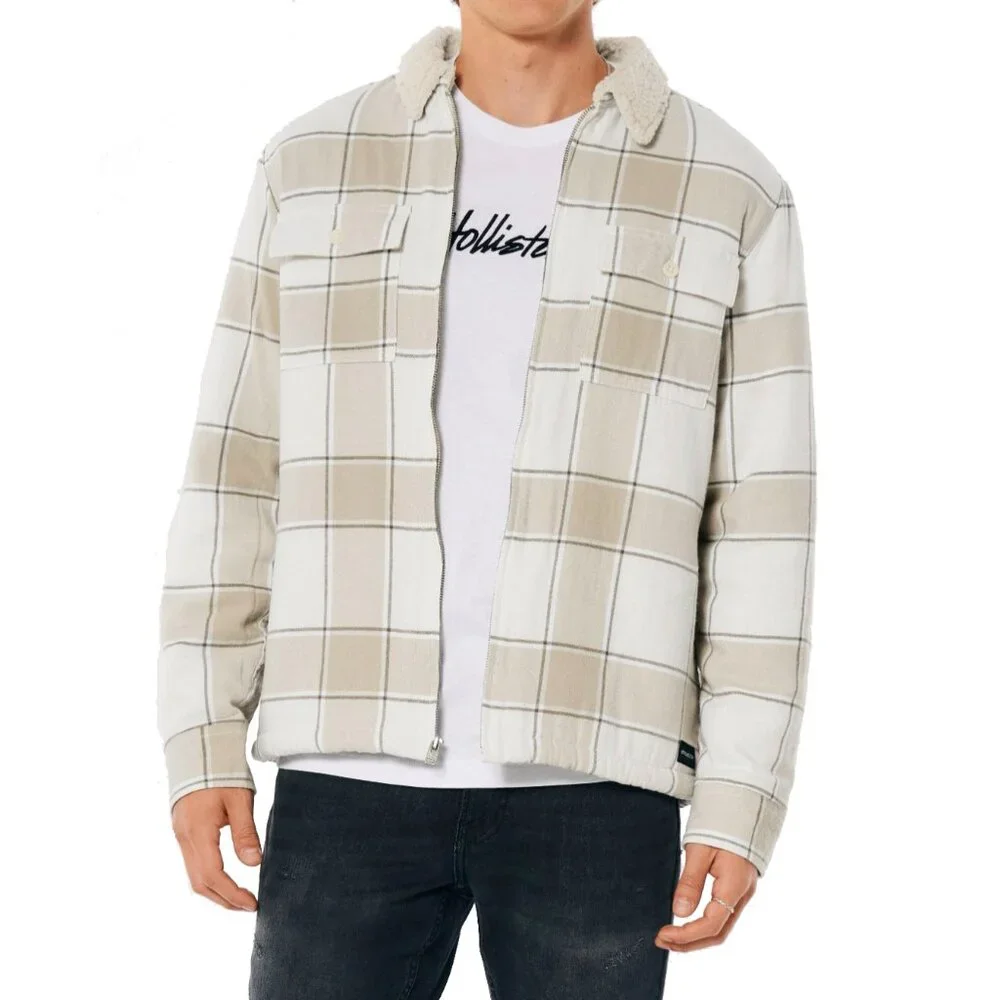 Hollister Sherpa-Lined Flannel Neutral Tan White Color Full Zip Shirt Jacket XL - Picture 2 of 16